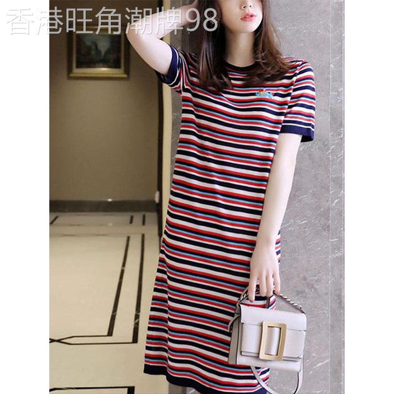 冰丝条纹针织短袖t恤裙2026新款夏季薄款宽松显瘦中长款连衣裙女