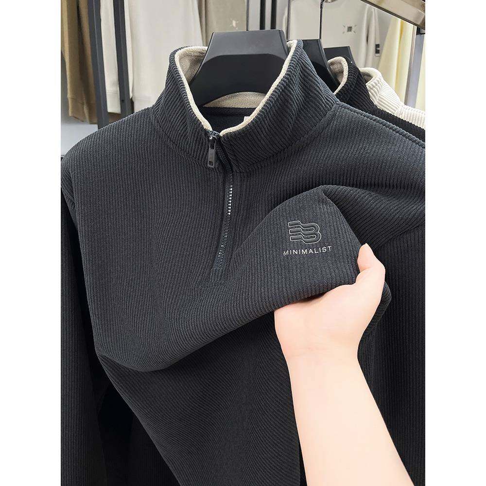 潮牌男士半拉炼加厚加绒卫衣2025年冬季新款高级感男装保暖打底衫