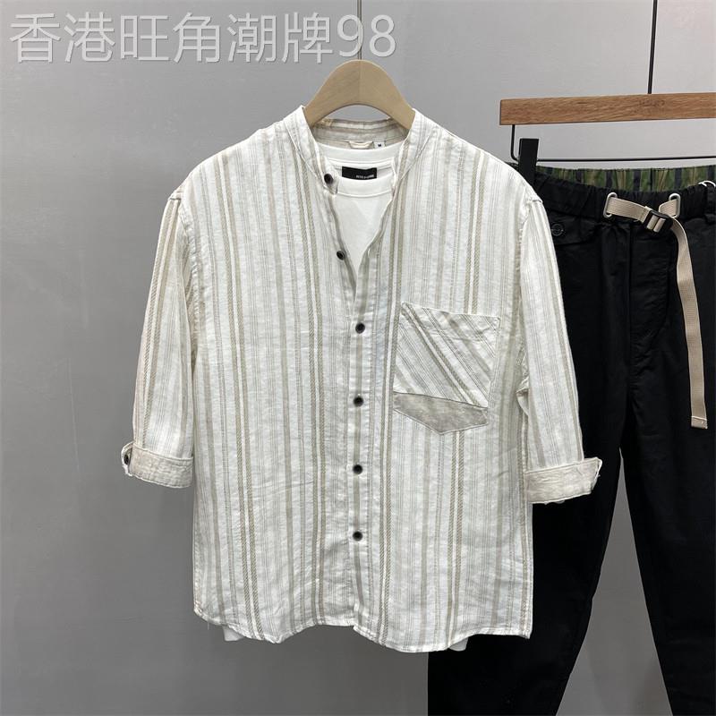 亚麻短袖衬衫男夏季新款青年立领七分袖衬衣日系薄款宽松棉麻上衣