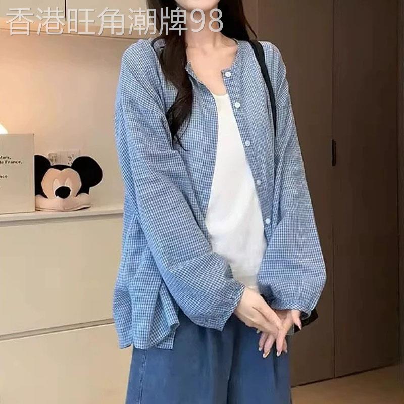 大尺码胖mm蓝色格子防晒衬衫女士夏季2026欧货宽松休闲长袖薄款外