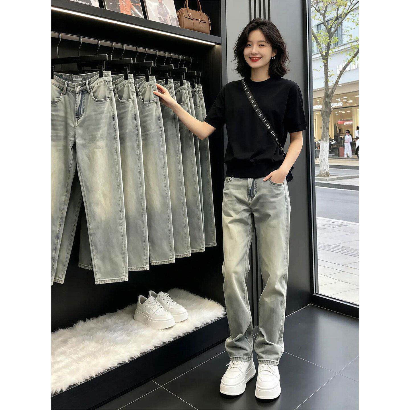 潮牌高街vibe浅蓝色水洗牛仔裤男士夏季美式显腿长百搭修身直筒裤