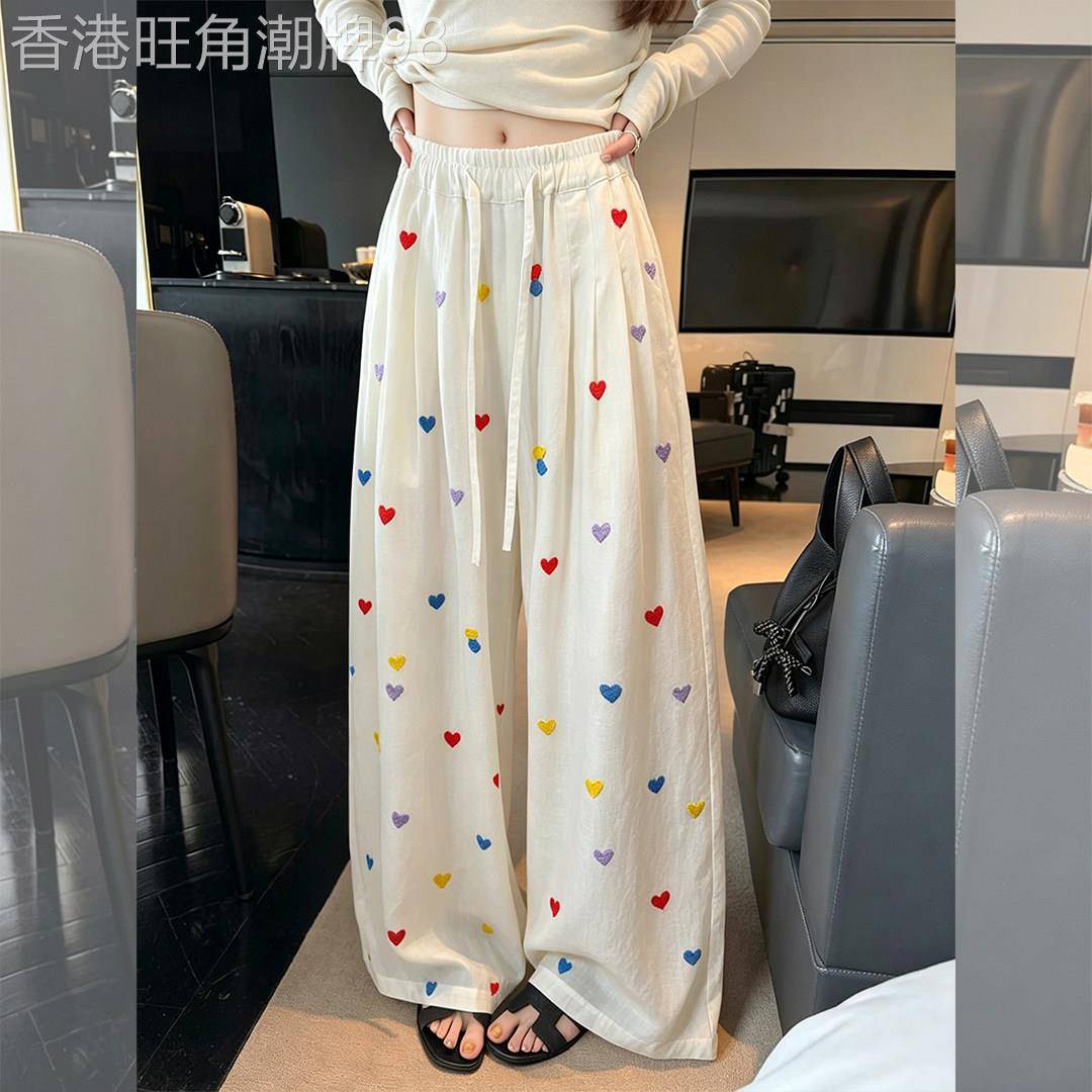白色波点休闲阔腿裤子女2026夏新款宽松巨好看的慵懒垂坠直筒长裤