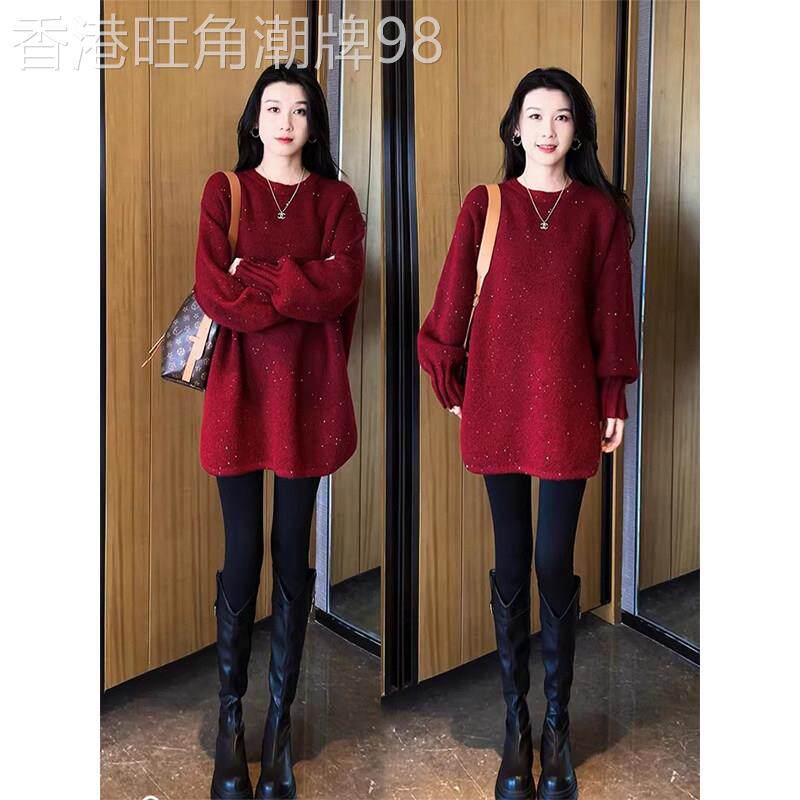 红色亮片中长版毛衣女秋冬欧货时尚宽松慵懒显瘦遮屁股针织衫上衣