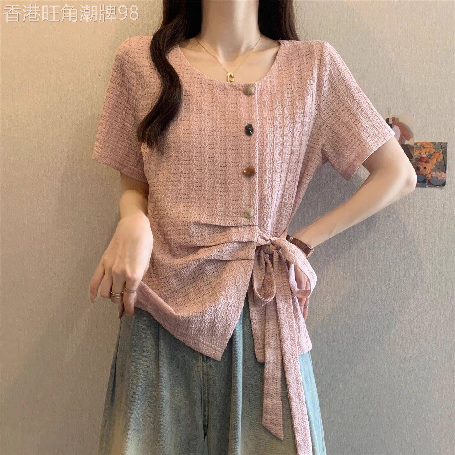 不规则收腰短袖衬衫女夏季2026新款遮肚显瘦大尺码女装别致时尚上