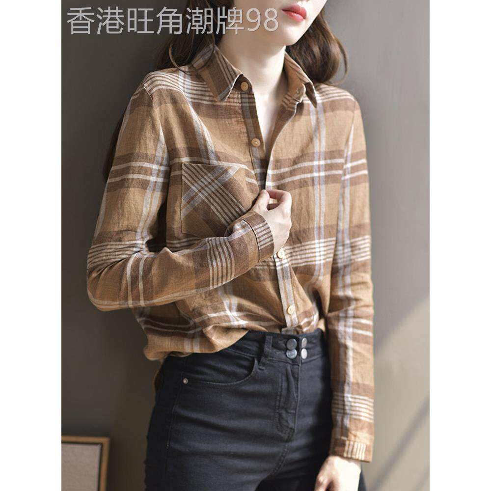 格子衬衫女士外套春秋季欧货高级感轻奢小衫上衣气质长袖亚麻衬衣