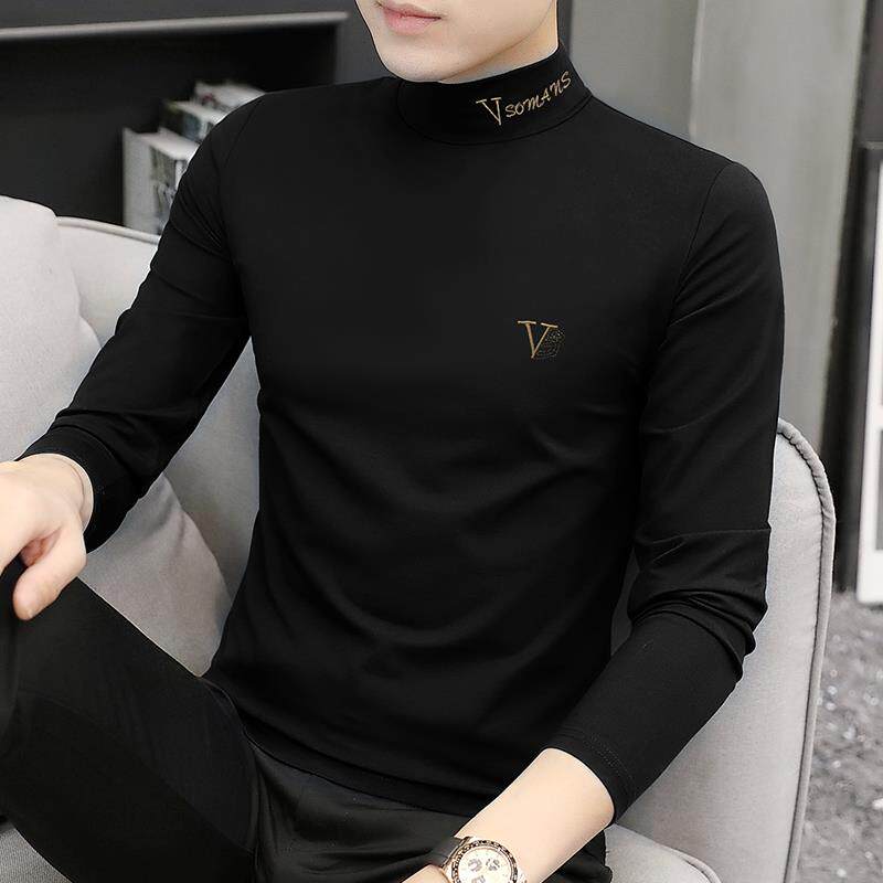 长袖T恤男士秋冬加绒加厚打底衫内搭男士休闲修身纯棉半高领上衣