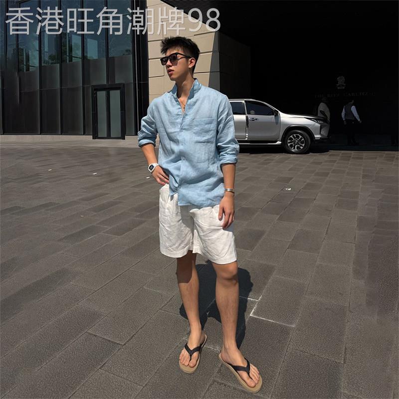 老钱风新中式亚麻套装男士夏季松弛感立领衬衫短裤旅游穿搭整套