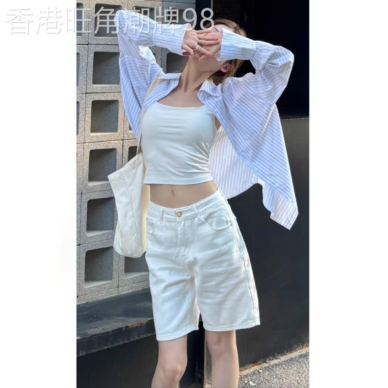 美式白色牛仔短裤女2026新款夏季薄款高腰宽松休闲中裤直筒五分裤