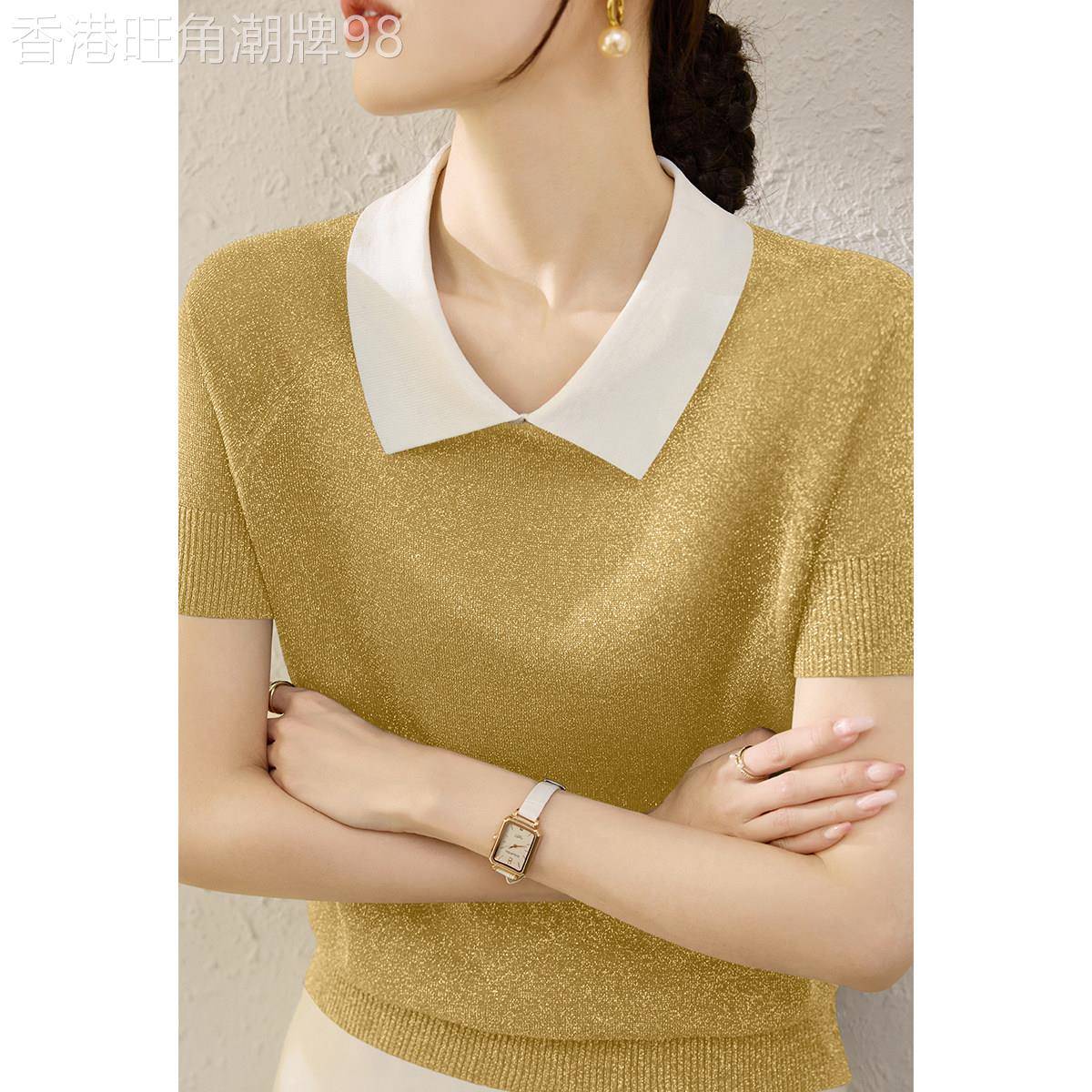 中年妈妈时尚简约翻领冰丝针织短袖女夏季2026新款宽松亮丝T恤