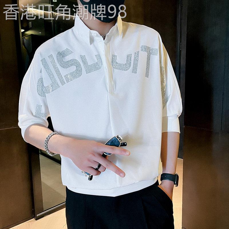 潮牌透气夏季白色衬衫男新款亮钻五分袖男装韩版修身半袖休闲衬衣