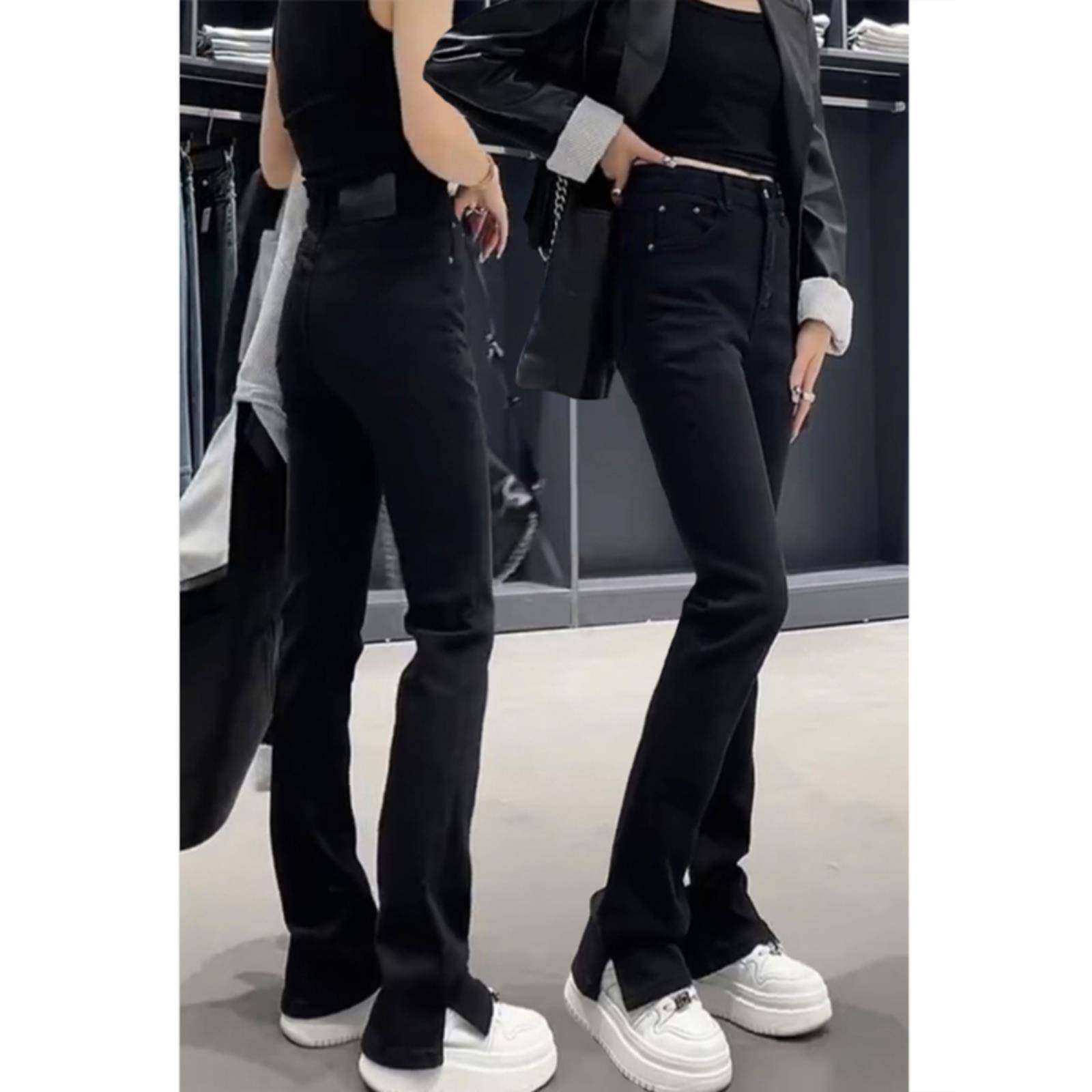 黑色开叉微喇牛仔裤子女春秋冬欧货爆款马蹄裤胖mm显瘦加绒喇叭裤