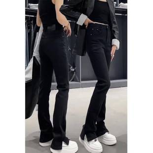 黑色开叉微喇牛仔裤子女春秋冬欧货爆款马蹄裤胖mm显瘦加绒喇叭裤