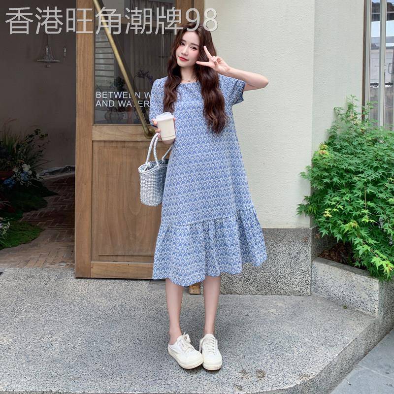 复古蓝色刺绣碎花洋装女2026夏季新款气质宽松泡泡袖荷叶边裙子