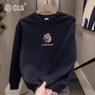 香港CLG潮牌美式复古卫衣男生圆领痞帅炸街春秋季薄款重磅上衣服