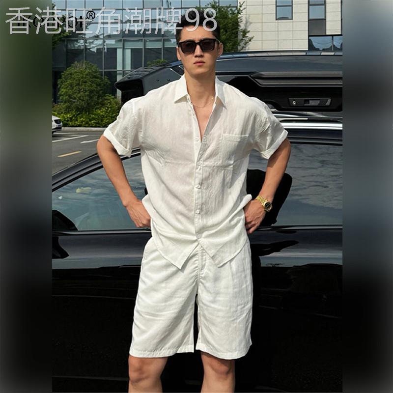 轻奢雅痞风白色天丝亚麻衬衫短袖男士夏季松弛感穿搭宽松防晒衬衫