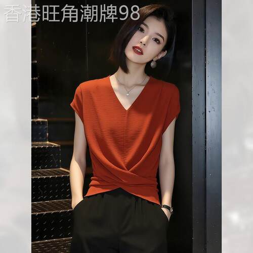 绝美交叉短袖衬衫女装夏季2026年新款超好看V领上衣显瘦轻奢小衫