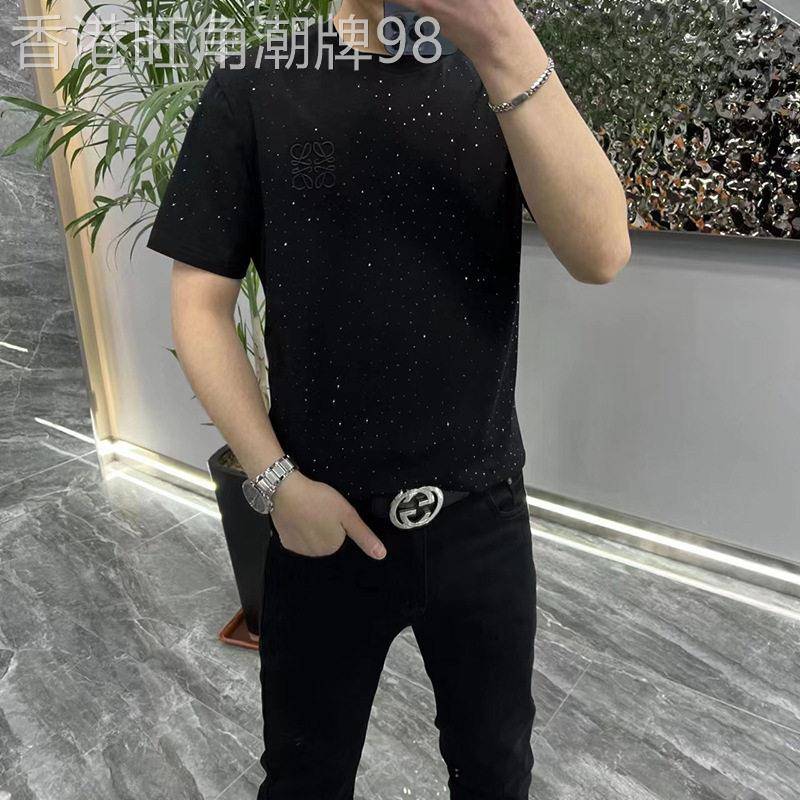 轻奢男士夏季短袖T恤潮流时尚绣花烫钻洋派薄款丝光棉满天星半袖