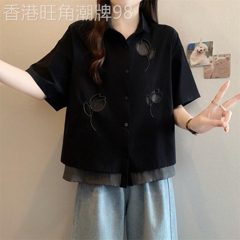 休闲假两件翻领短袖衬衫女夏新款时尚设计感镂空拼接女士衬衫上衣
