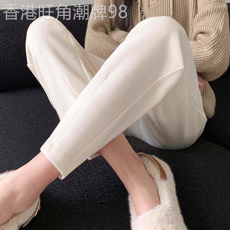 米白色罗卜裤女秋冬2025新款高腰加绒胖mm休闲裤子显瘦哈伦奶奶裤