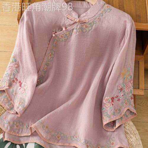 棉麻衬衫女夏季薄款2026新款新中式国风禅意茶服斜襟盘扣小衫上衣