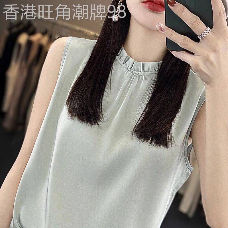 潮牌法式木耳边醋酸背心无袖高端吊带立领夏薄款西服内搭打底上衣