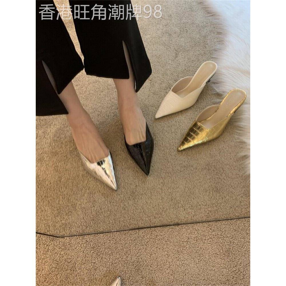 香港2025秋季新款女鞋欧美风鳄鱼纹漆皮尖头半拖鞋女细跟包头拖鞋