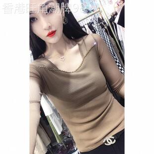 蕾丝打底衫女春秋款2026欧货重工钉珠U领长袖t恤性感低领网纱上衣