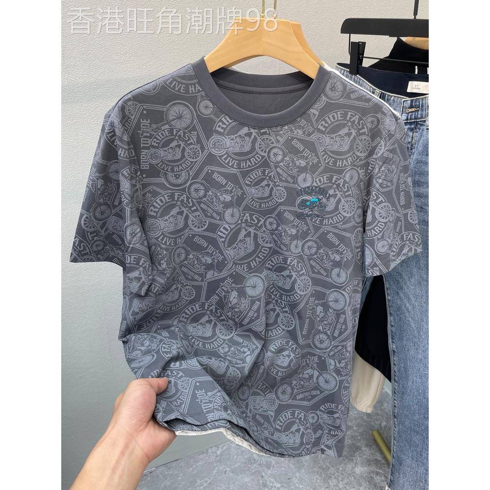 MAROLIO港式休闲~短袖t恤男夏季纯棉印花半袖体恤衫修身半截袖