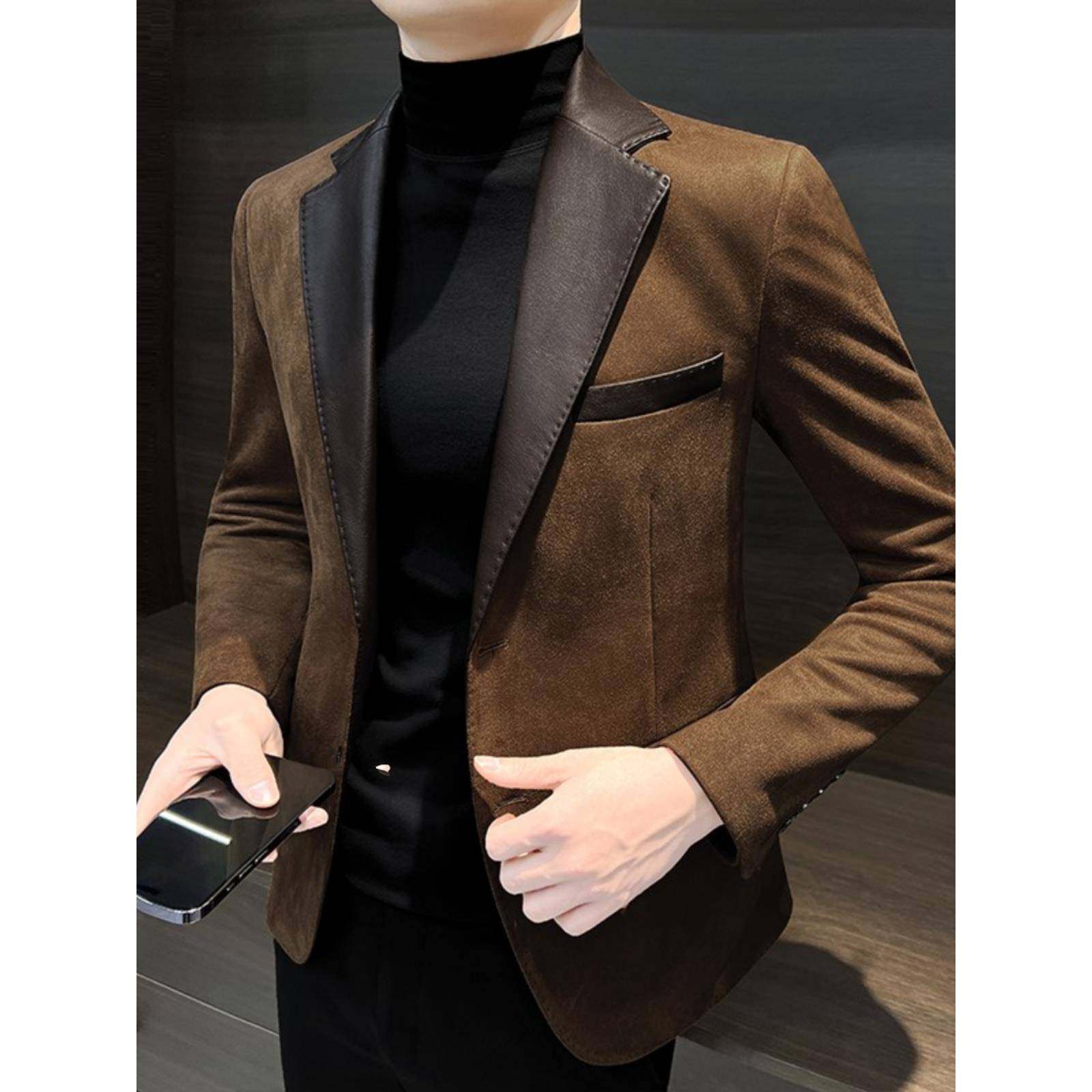 高端修身商务男士皮衣西服秋冬季休闲西装2025新款高级感通勤外套