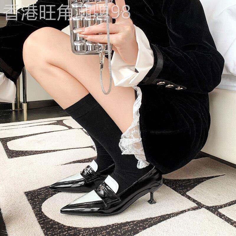 达人上镜B备!ins网红同款拼色金币乐福鞋女尖头高跟鞋英伦风单鞋