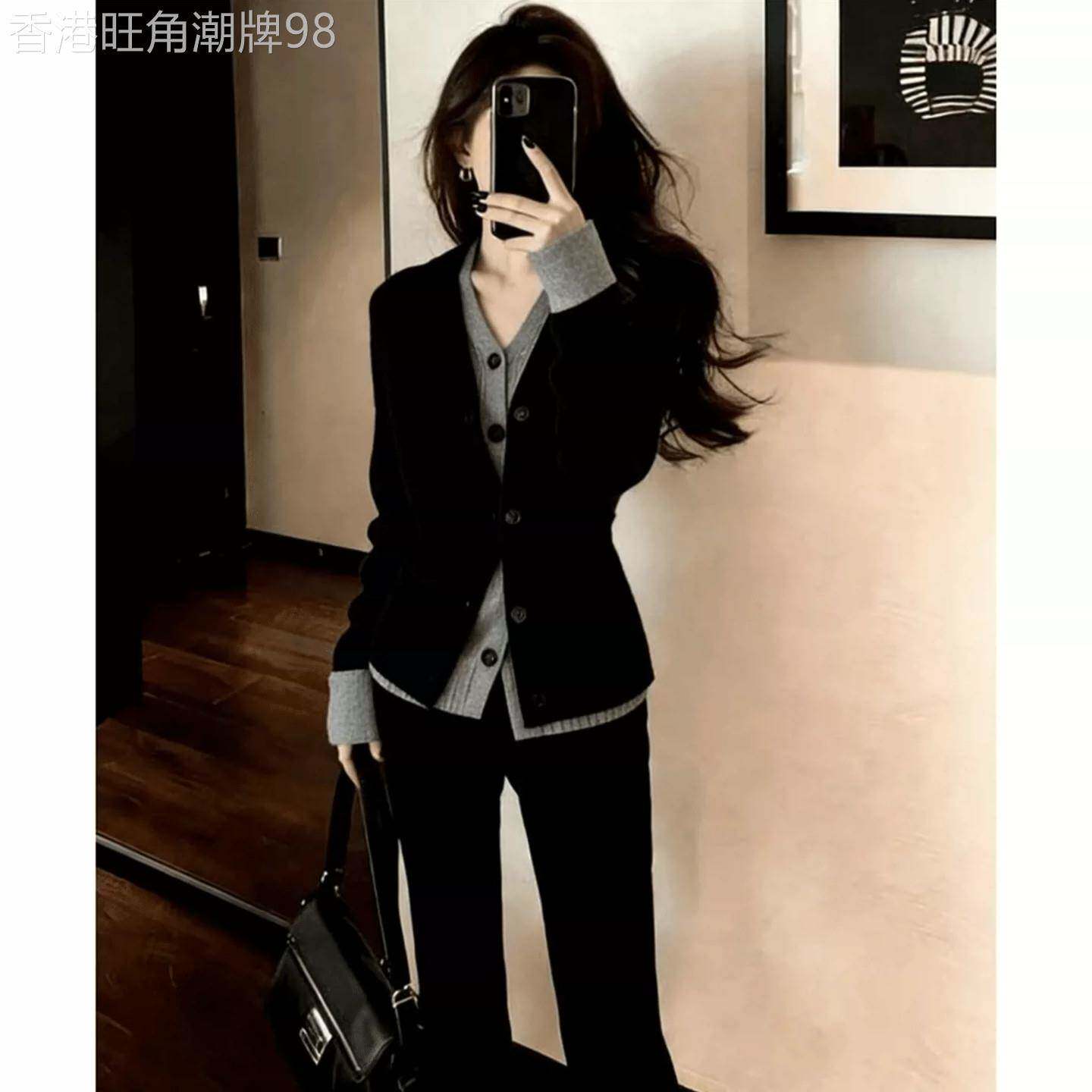 假两件V领针织开衫女春秋2026新款韩系修身显瘦拼接袖口毛衣外套