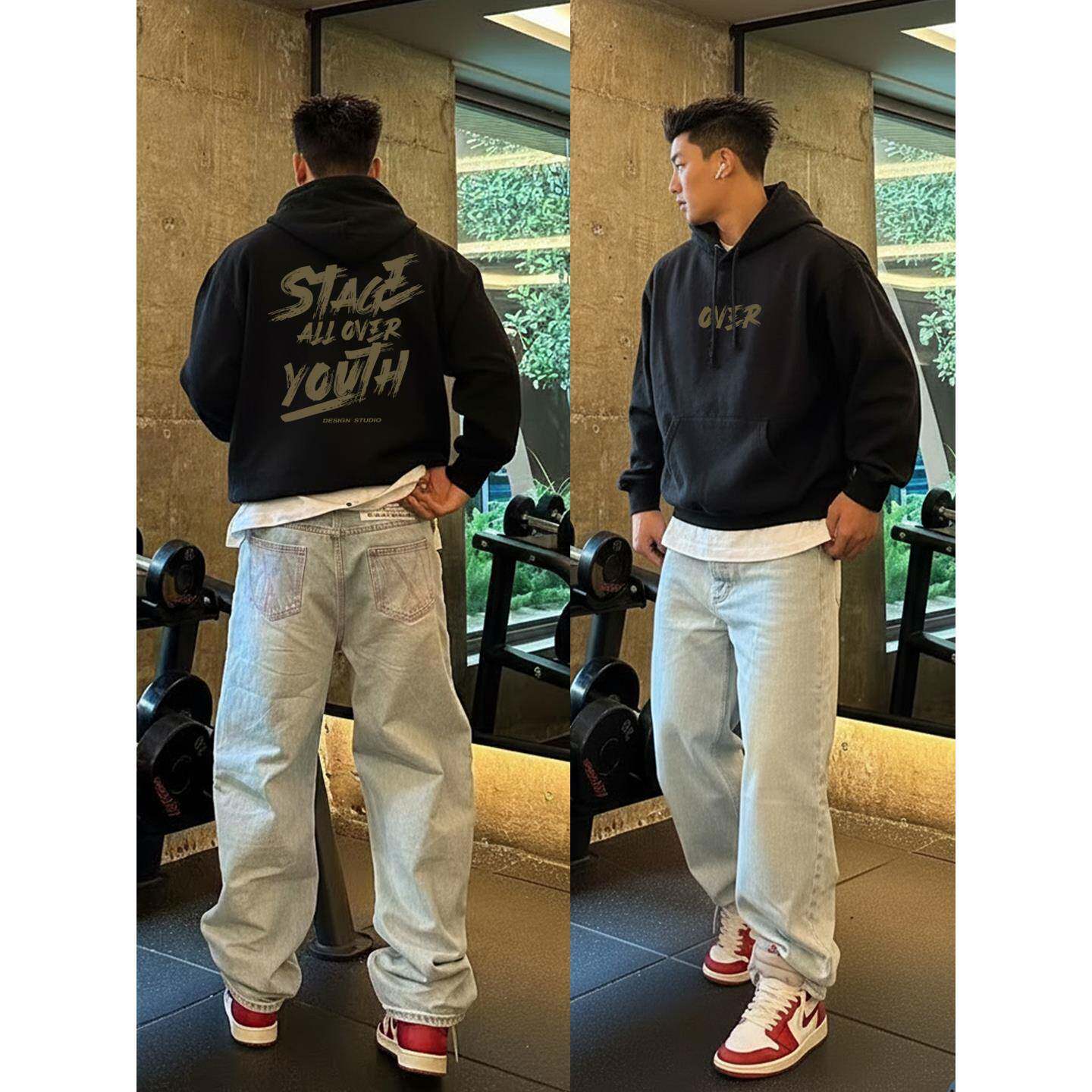 美式高街英文印花连帽运动卫衣男秋冬季潮牌痞帅覆古休闲加绒外套