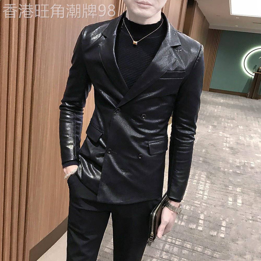 欧洲站西装男韩版潮流修身帅气双排扣收腰小西装个性皮夹克外套潮
