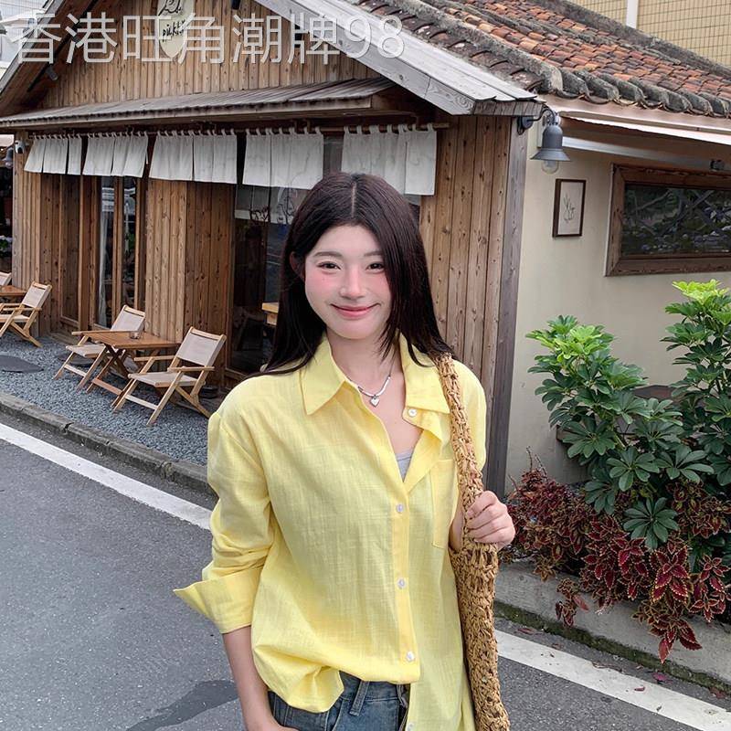 polo领长袖衬衫女夏季多巴胺穿搭纯色衬衫外套宽松百搭基础款上衣