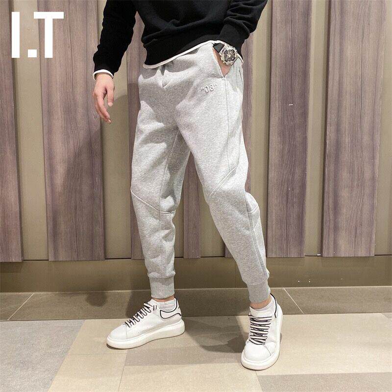 潮牌秋季拼接灰色束脚长裤哈伦运动裤子男士韩版修身小脚休闲卫裤