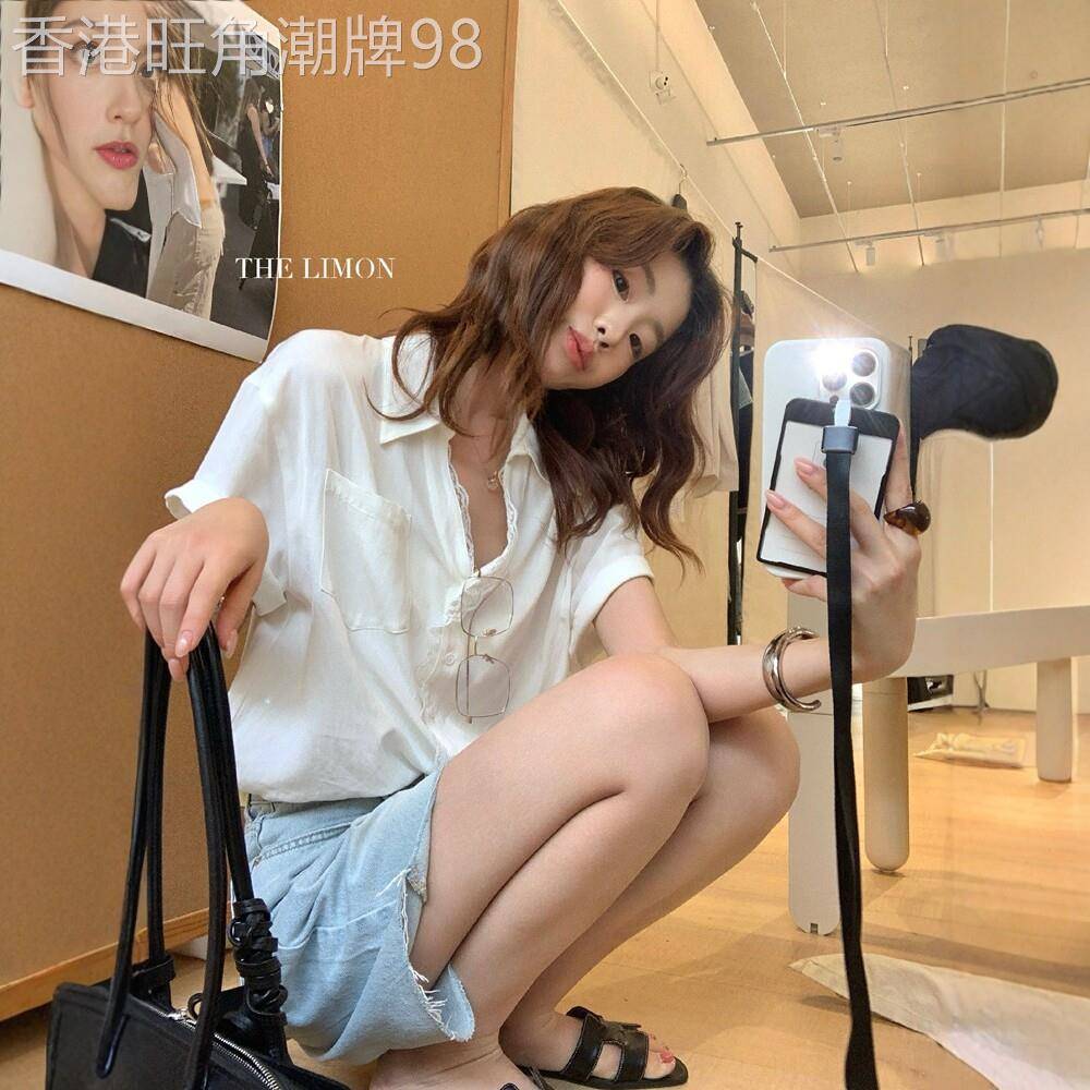 日系设计感蕾丝拼接v领短袖衬衫女夏季独特漂亮宽松衬衣翻领上衣