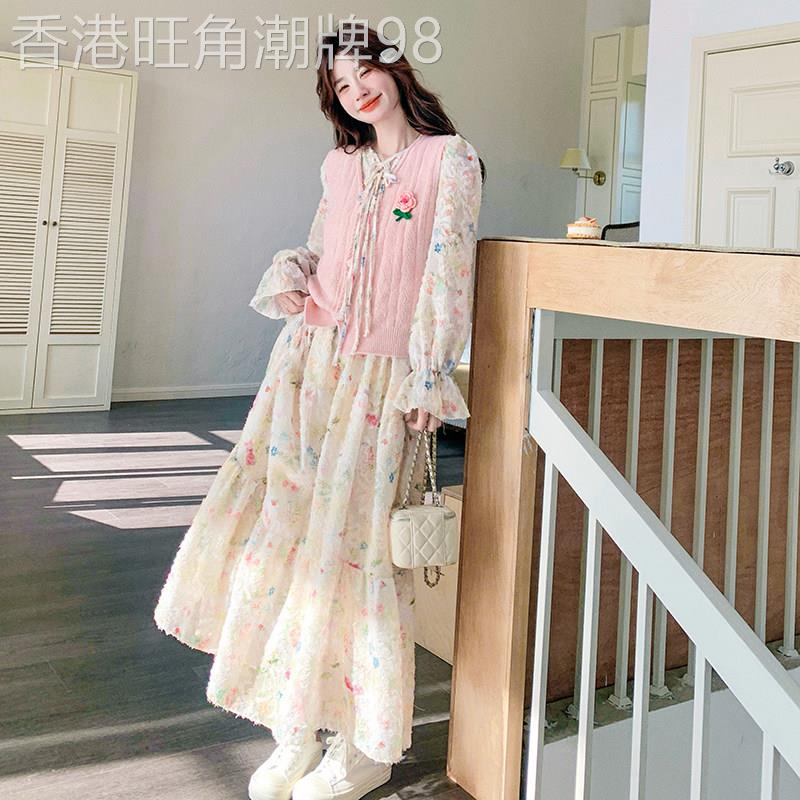 粉色针织马甲碎花洋装两件式套装2026独特漂亮春装温柔芭乐色穿搭