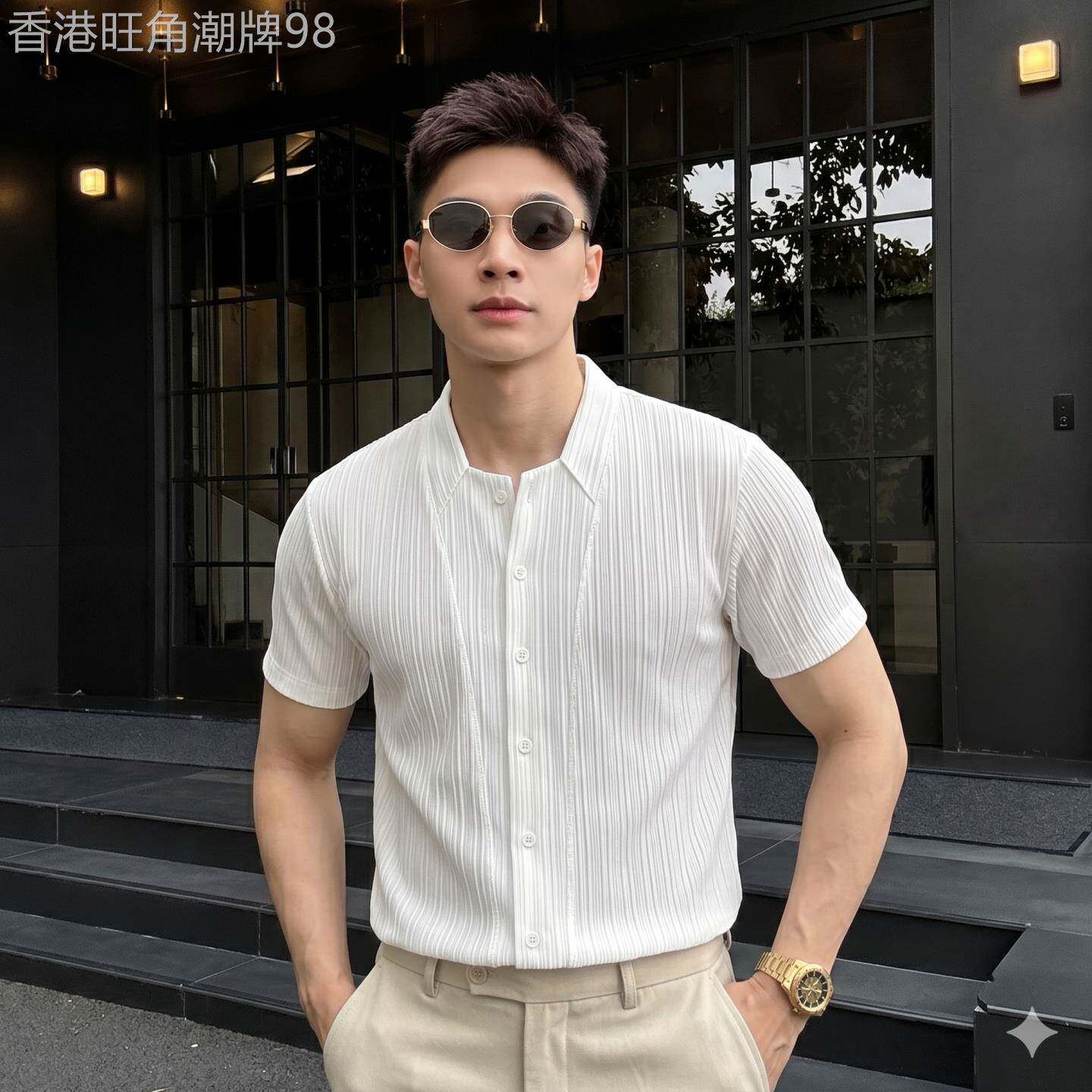 潮牌肌理感修身立领气质短袖衬衫男士夏季淡人高知感商务亲肤衬衫