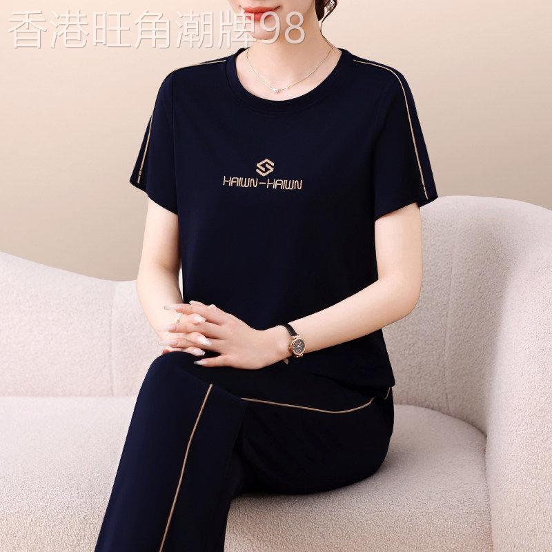 韩国中年妈妈夏装简约休闲冰丝运动套装减龄显瘦圆领短袖两件套