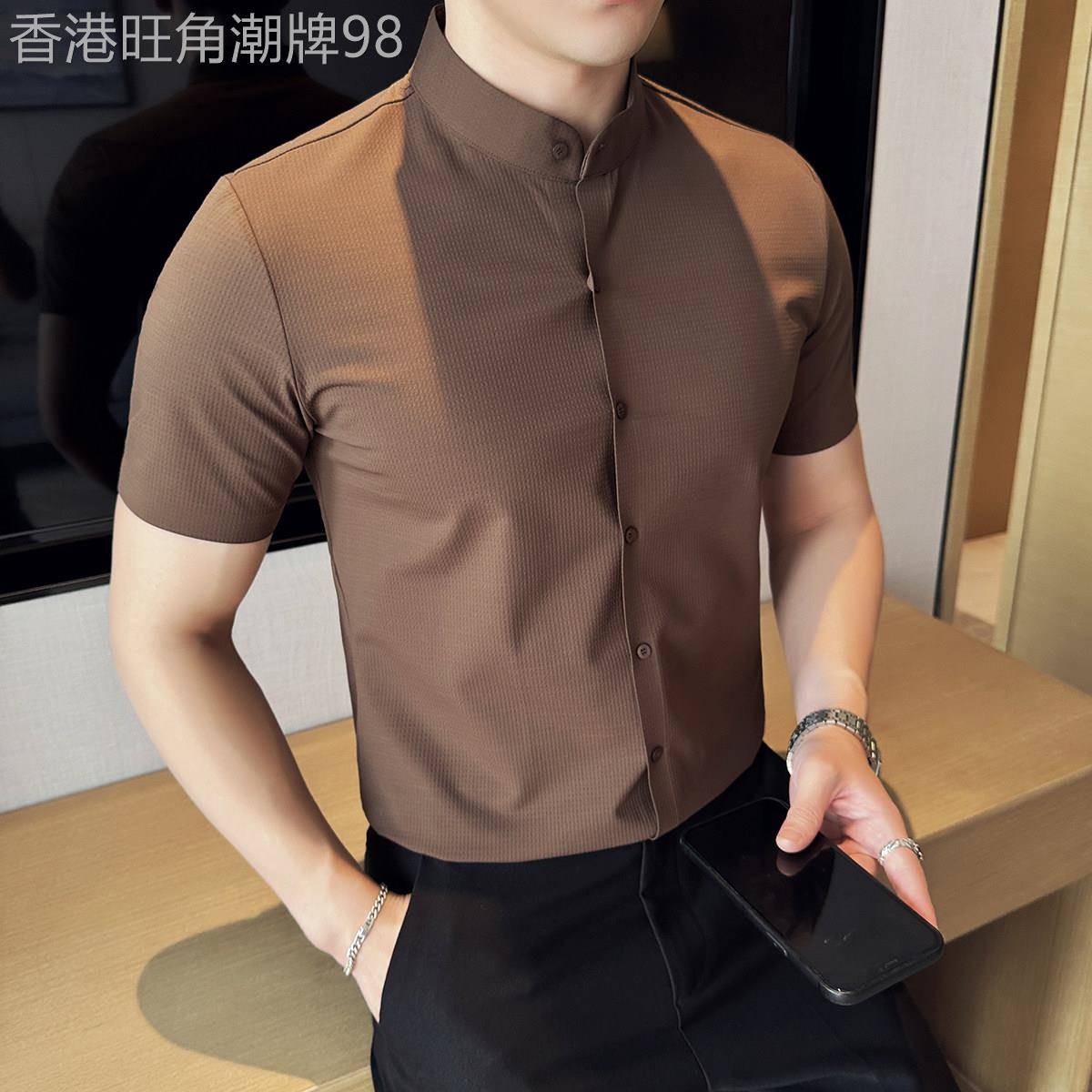 轻奢高端立领短袖衬衫男冰丝韩版修身夏季薄款商务休闲高级感衬衫