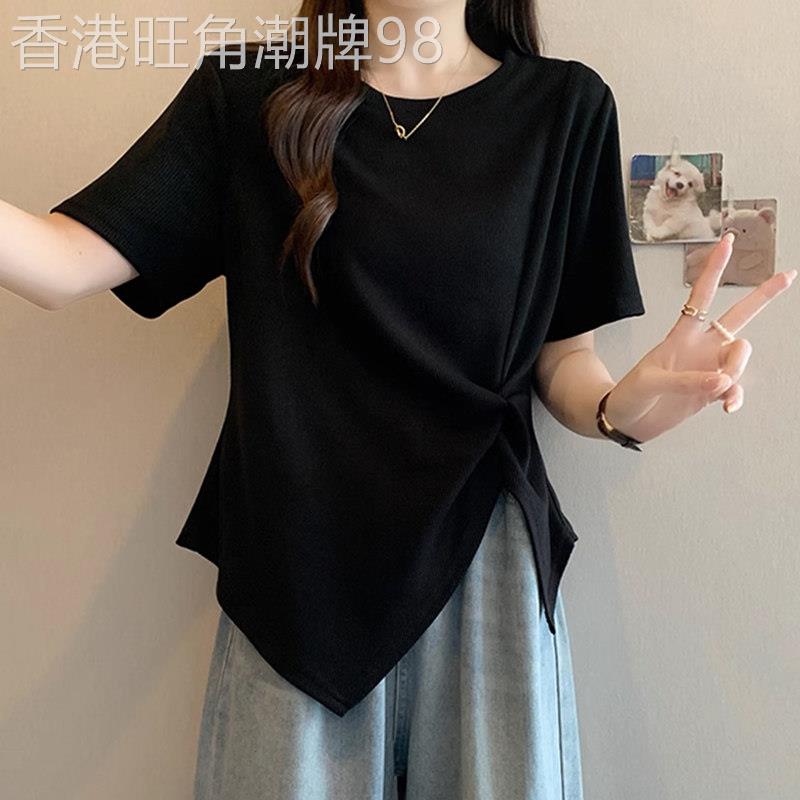 黑色正肩短袖t恤女夏季新款宽松大码胖mm遮肚显瘦不规则开叉上衣
