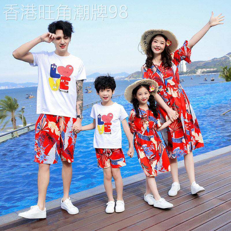 韩国洋派亲子装夏季海边度假母女裙沙滩套装一家三口四口全家装酷