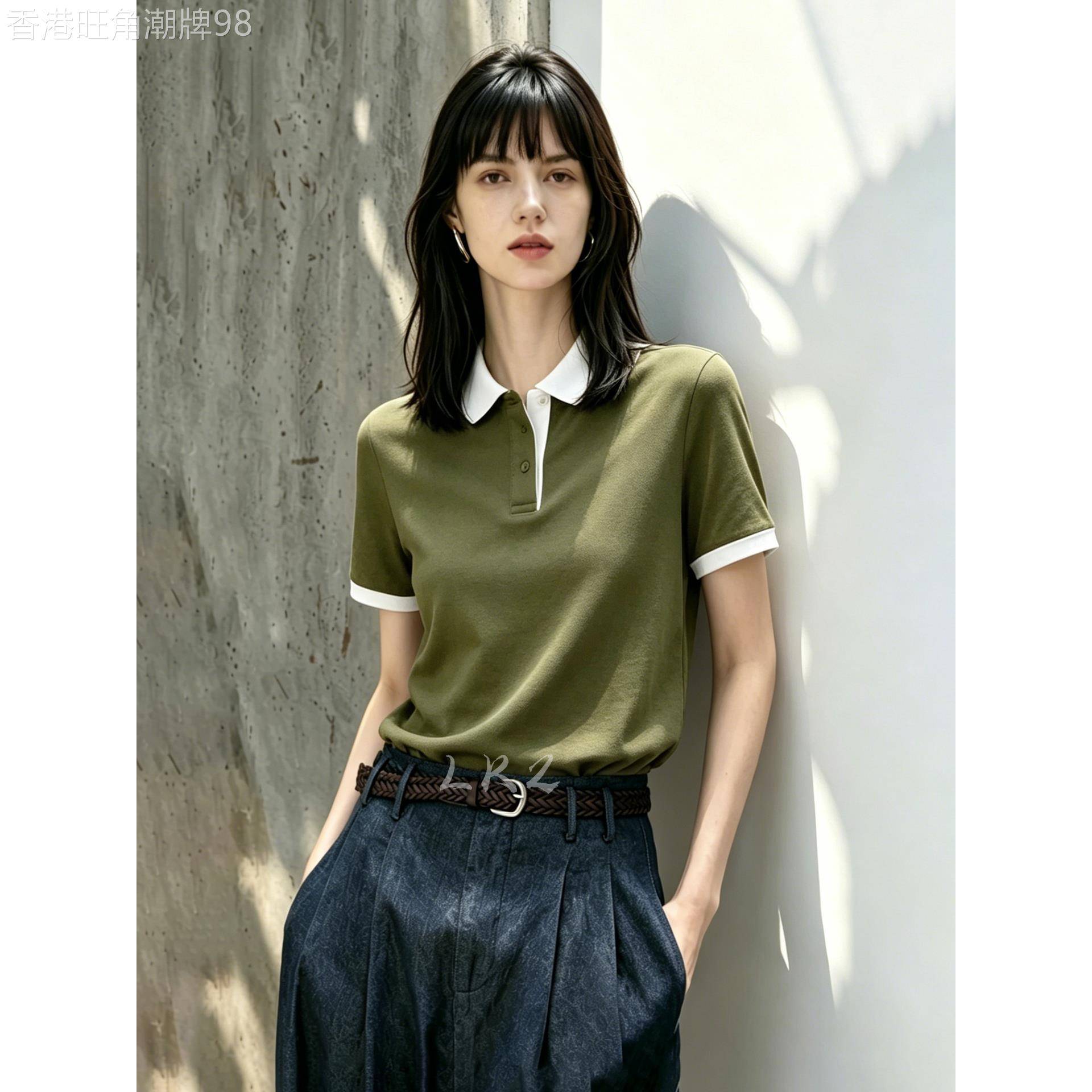 法式撞色翻领设计橄榄绿Polo衫女夏季新款时尚套头显瘦短袖上衣潮图片