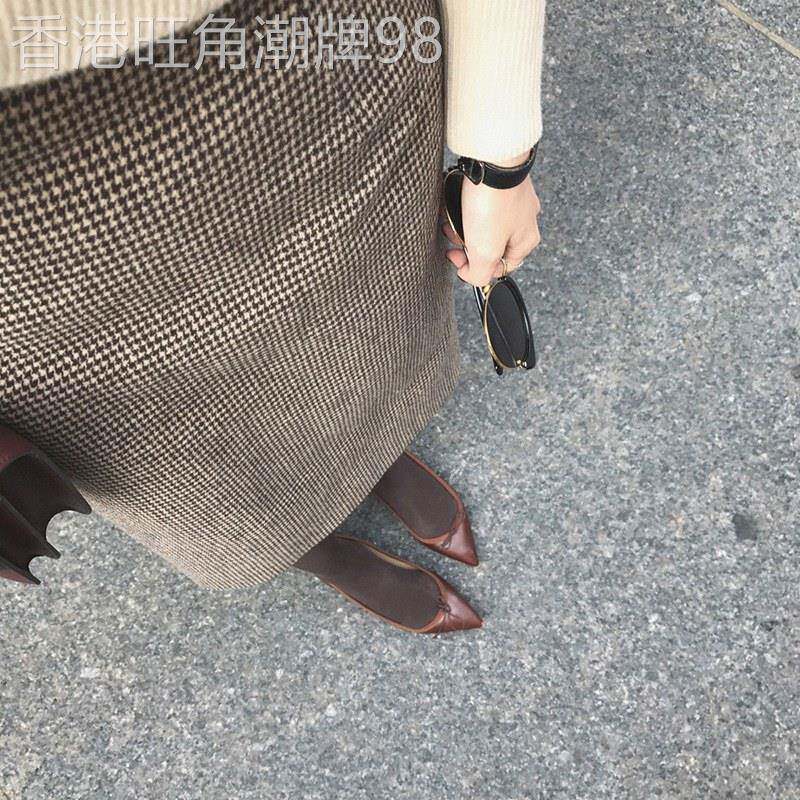 毛呢半身裙女秋冬装深圳欧货格子半裙开叉中长版咖色高腰包臀裙子