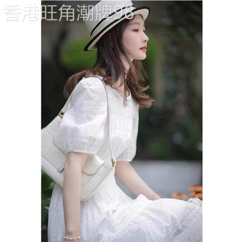 欧洲站2026新款法式赫本风气质长裙收腰泡泡袖白色连衣裙仙女夏季