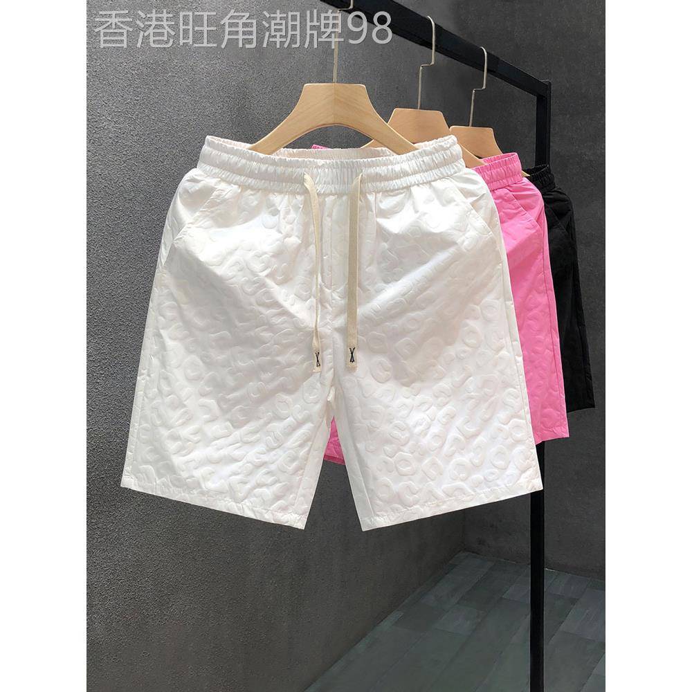 MUSONMU暗花纹白色短裤男夏季潮牌薄款五分裤男士系带休闲沙滩裤