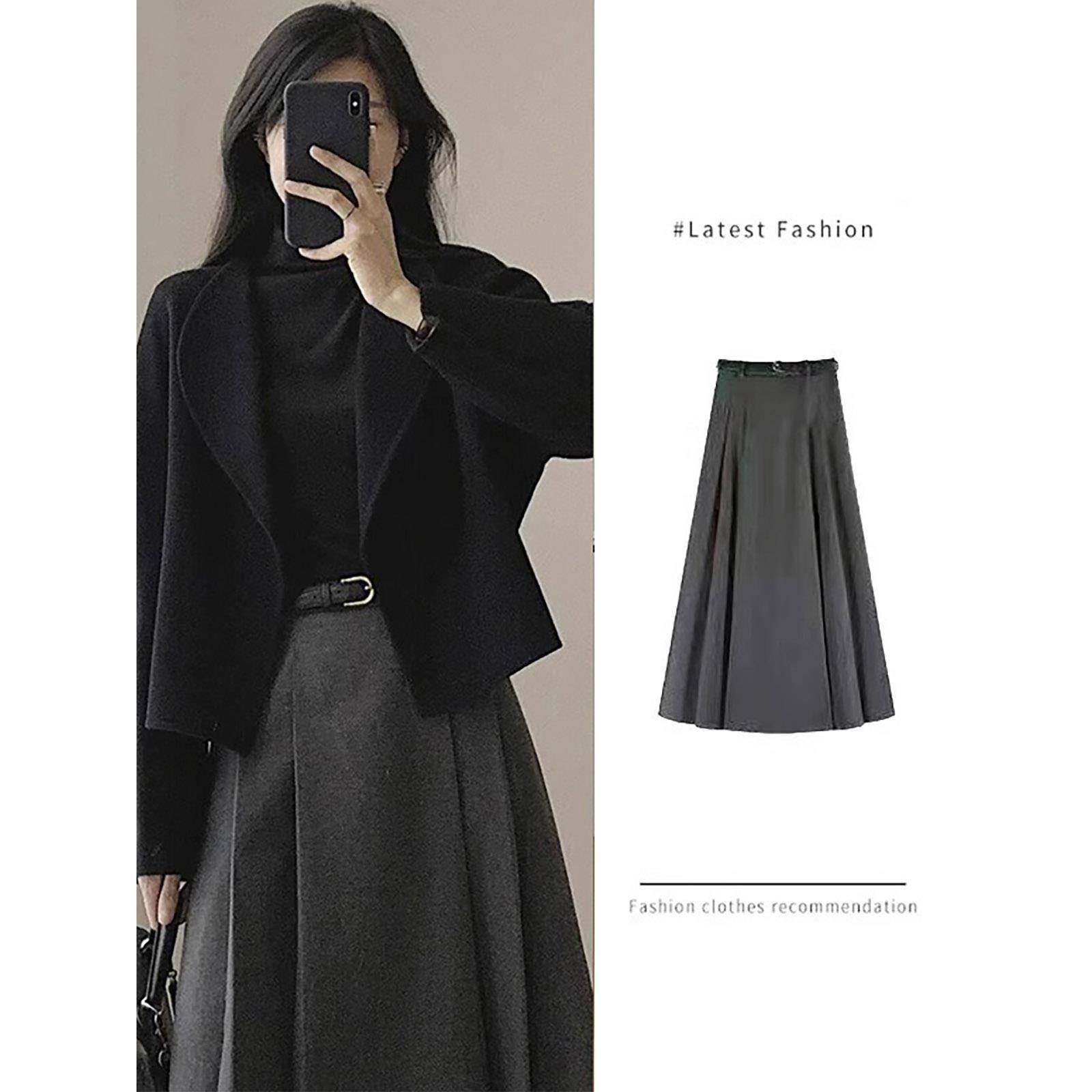 法式灰色西装半身裙女秋季高腰高级感气质a字中长款毛呢百褶裙子