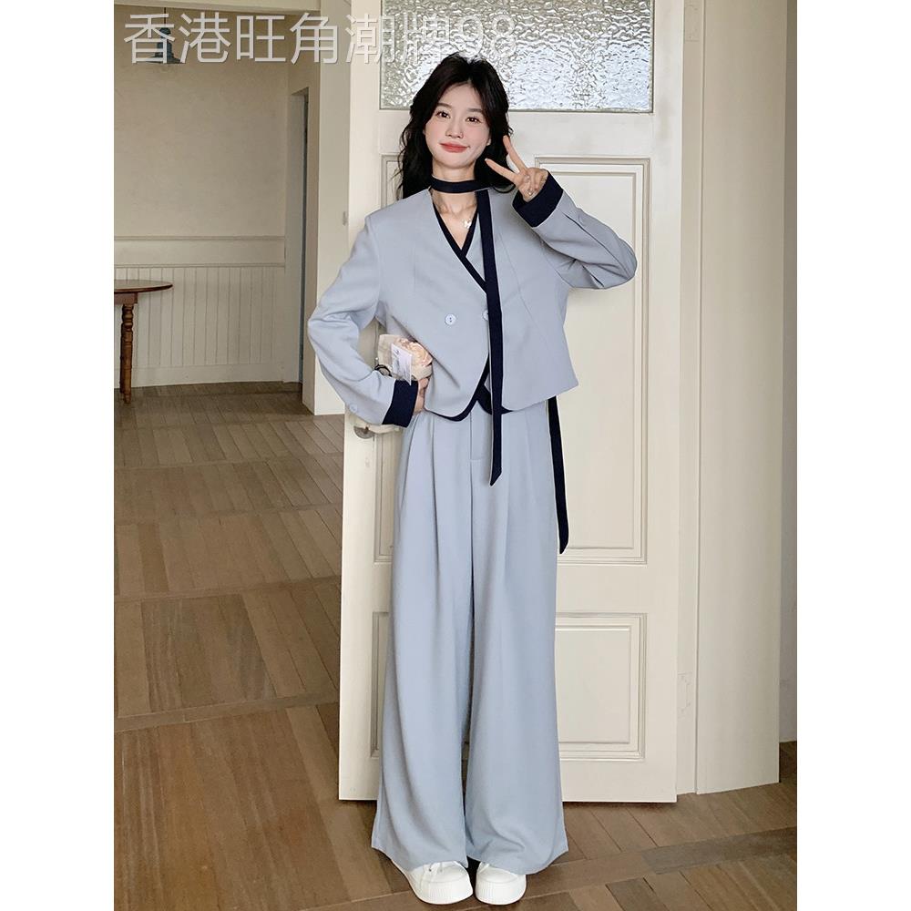 蓝色飘带西装套装女2025新款初秋ootd穿搭时尚高级感阔腿裤两件套
