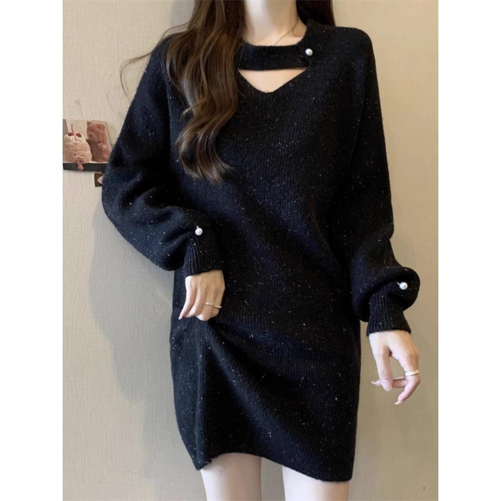 针织连衣裙女秋冬2025新款显瘦小个子内搭挂脖毛衣打底裙长袖上衣