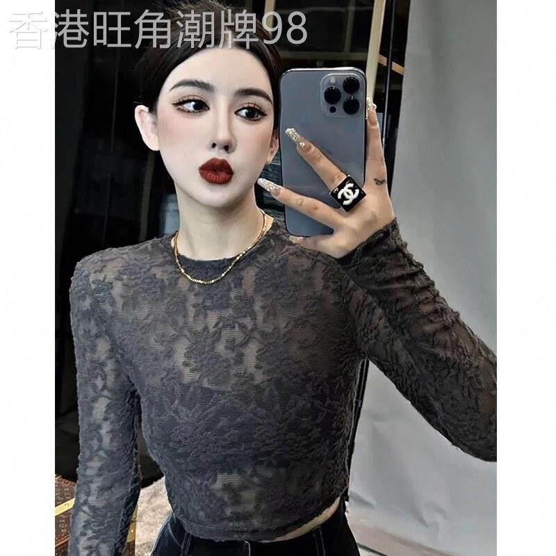 镂空蕾丝打底衫女春秋欧货漂亮小衫修身高腰短款露脐内搭网纱上衣